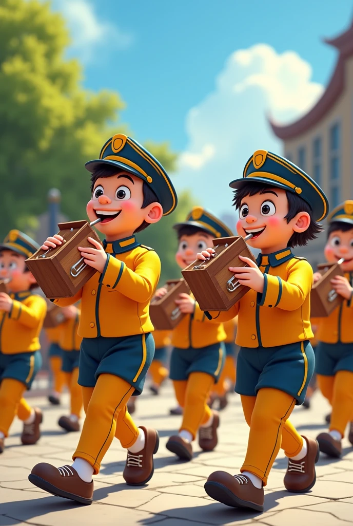 A marching band with several people and them in a row with the box instruments in their hands playing, and their clothes are yellow with dark blue and the name fanpaf centered on top of the image and the image in the form of a Disney cartoon