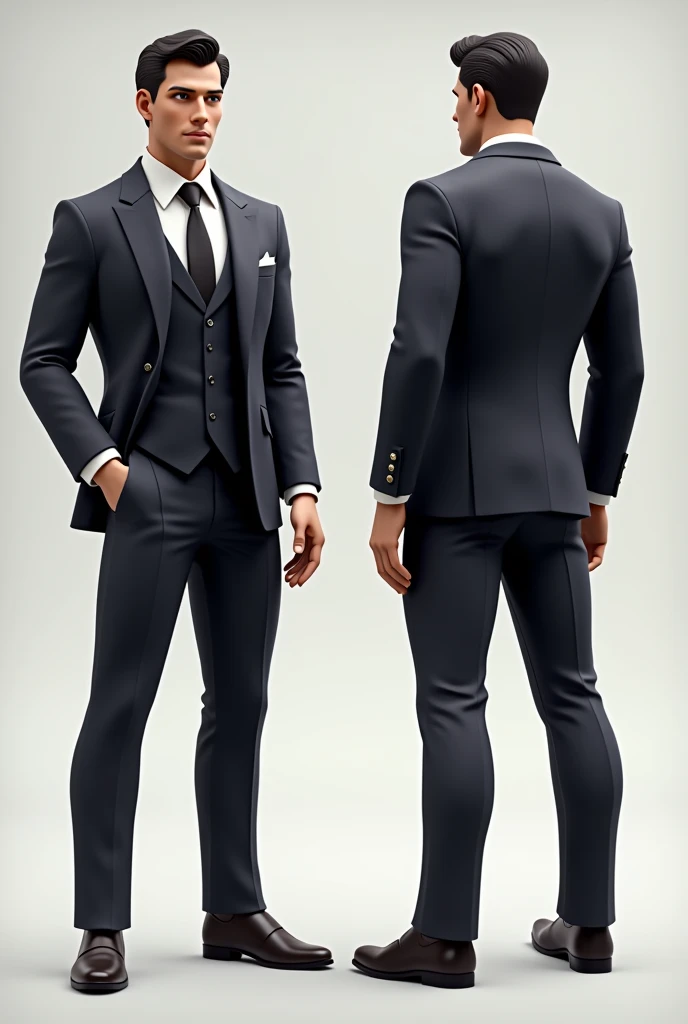 Can you make 3d pose character game survey front and back and the theme is debonair male
