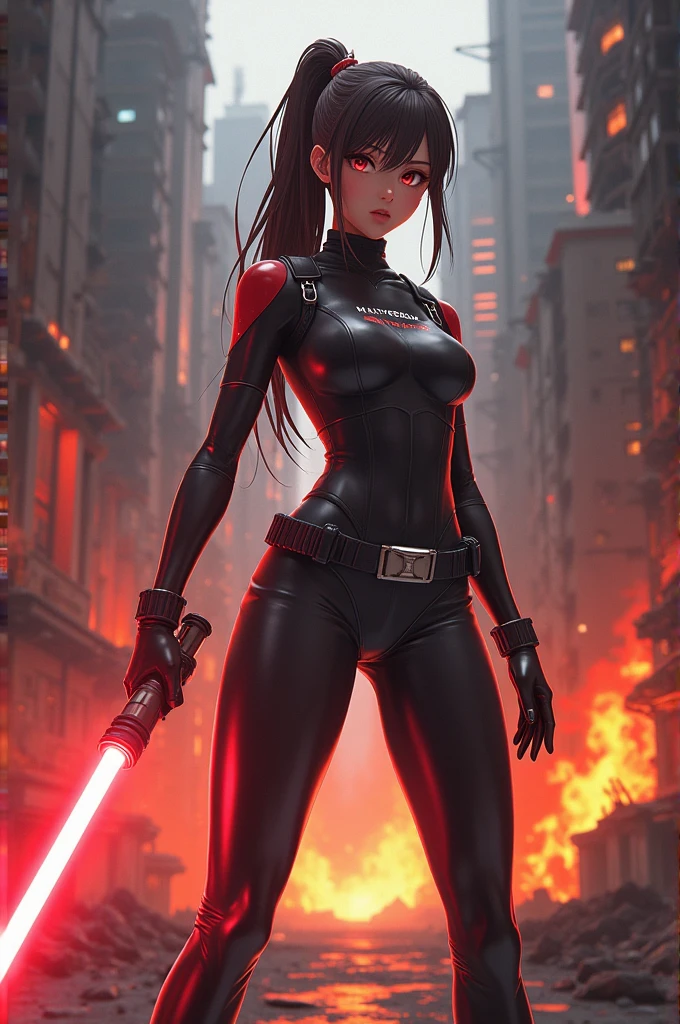 an anime girl stands with a lightsaber in her hand against the background of a burning city, wearing a latex suit with the inscription Multiversum 2 season 4 above her