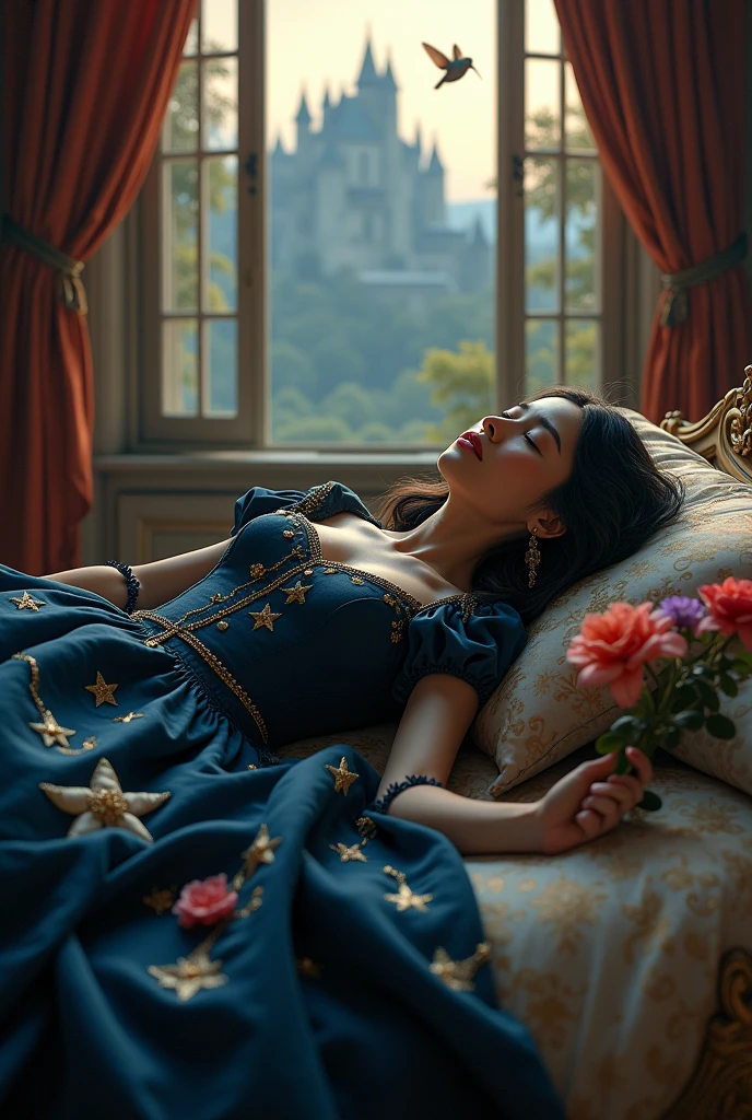 PICTURE REALISTIC, seamless, best quality 8k woman dressed in dark blue medieval dress, black hair curled at dusk, with embroidered stars. Lying on a luxurious rococo bed in a palace. eyes closed sleeping, head on pillow holding a bright flower. centered photo. Window next to a castle. A hummingbird entering through the window