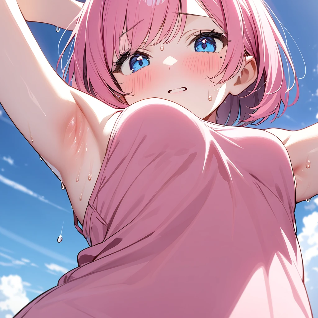 (1 girl),(Best Picture Quality, 8K, Masterpiece:1.3), (high school student:1.5), ((pink lob hair:1.1)), (bob cut),(swept bangs), (cute eyes, pupil black, iris skyblue, youthful face), (mole under right eye), (standard weight), (small breasts), (glistening skin:1.1),(pale skin:1.2),((showing armpits)),((pink camisole),(flustered),(sweat), white background,(from below:1.3).