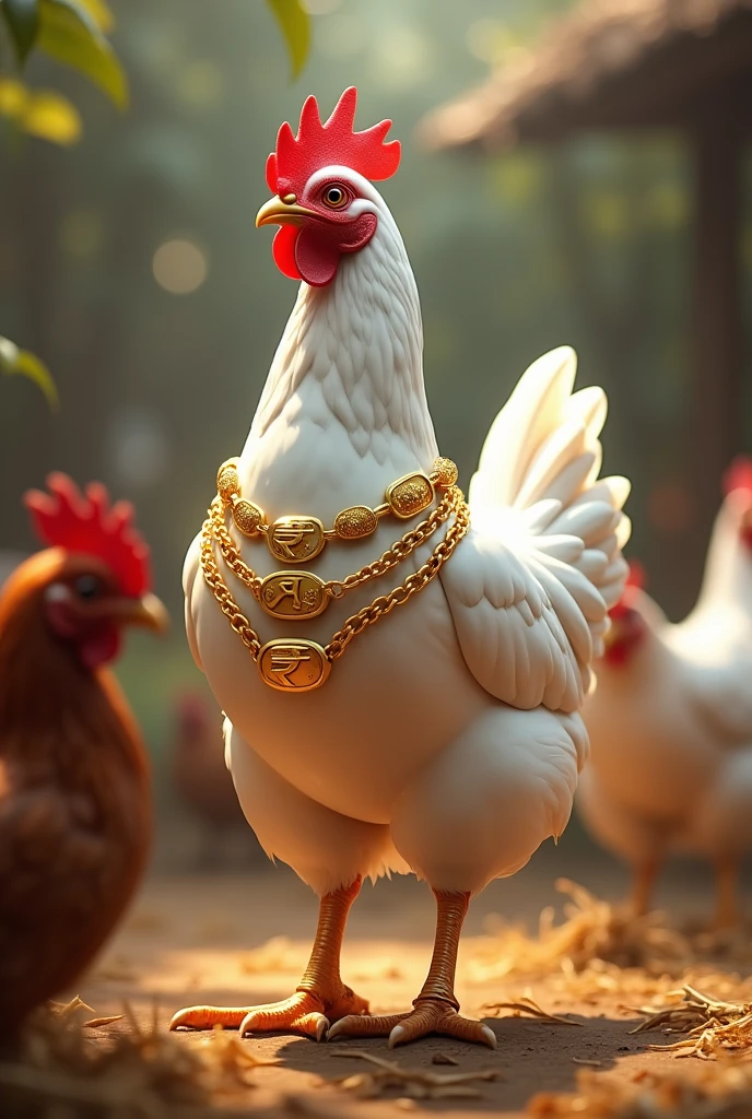 A white hen in poultry with 3 Big Golden chain and name On chain Tejas Gadhe and Indian
rupees note rain