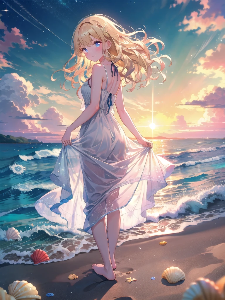 ((8k, Highest quality, masterpiece: 1.3)),Ultra-high resolution,(1 girl, alone), (Color changing eyes, Ultra-detailed, Expressive brilliance, Glitter, Glowing Eyes), Highly detailed eyes, Highly detailed face, Random Hair, ((pastel colour))A young girl with long, wavy blonde hair stands by the shore, watching the sunset. She’s wearing a light, flowing sundress and is barefoot, her toes sinking into the warm sand. Her expression is one of contentment, her eyes soft and reflective as she gazes out at the ocean, but she occasionally looks back at the camera with a serene smile. The sky is ablaze with the colors of the setting sun, casting a golden light over the water and the beach. Waves gently lap at the shore, and a few seashells are scattered along the sand, adding to the tranquil scene.