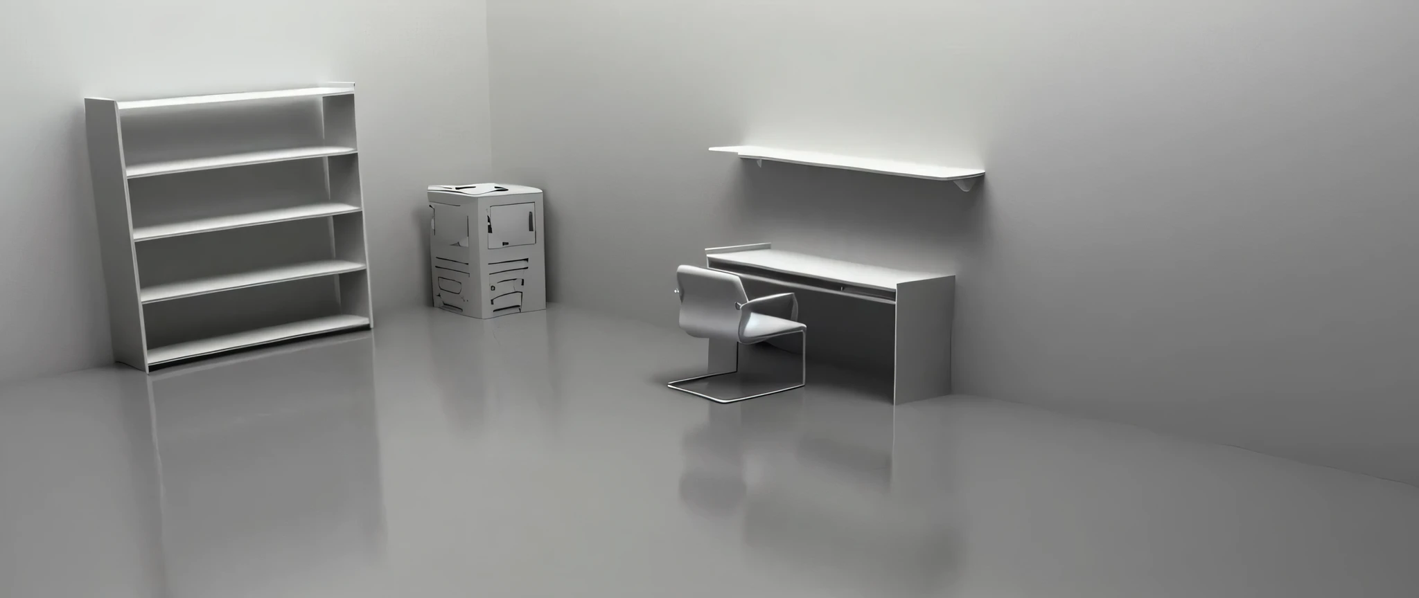 The white-walled room has a table and shelves, minimalist desk, Product rendering, minimalist home office, minimalist furniture, 3d minimalistic, simplistic design, product design render, 3 d product render, flat minimalistic, clean 3 d render, furniture concept photo!!, very realistic 3 d render, photographic render, 3d minimalistic art, desks