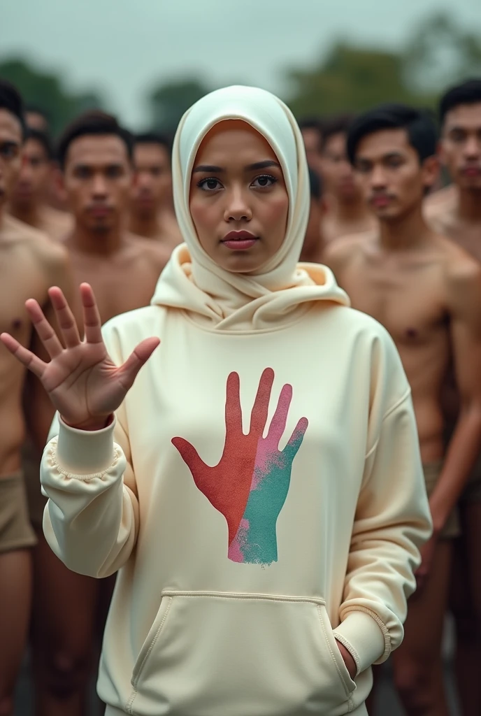 Full-body, A hijaber indonesian pretty woman, wearing a cream hoodie with a strong vector design featuring a silhouetted image of a five-fingered palm in pastel colour with love and light. The phrase "ELENG LIMO WAKTU" is displayed in bold simple elegand, distressed typography with pastel colours, while holding her hoodie, wearing hijab, one handed pose pointing cameramen, in a public place, surrounded by many naked men, jav idol, with front shooting angle, very realistic, (complex detail: 0.9), (hdr, hyperdetail: 1.2), RAW, Sony Alpha a9 II, 24-105mm f/4, HDR,