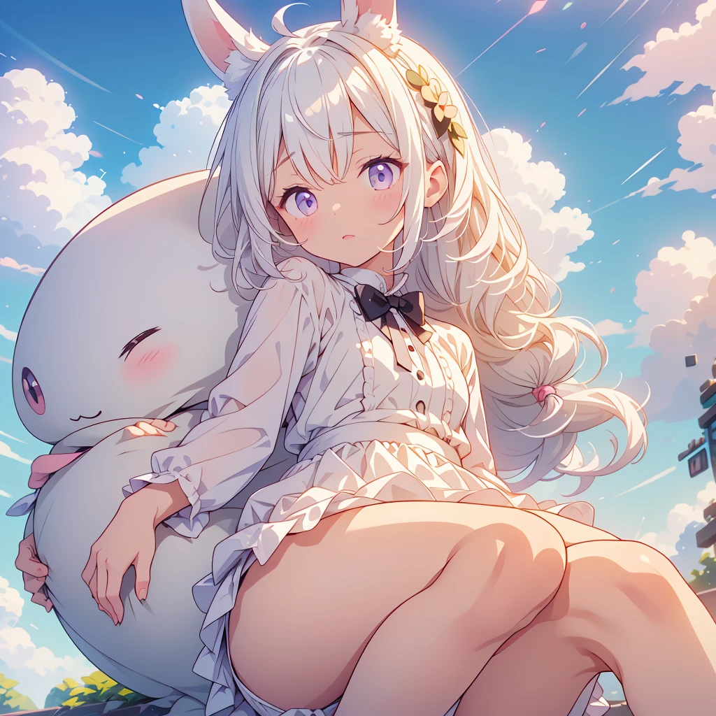 A cute little guy wearing a rabbit costume、fluffy、Loose、pastel colour、Highest quality、Masterpiece、Milky white hair color、kawaii tech,
