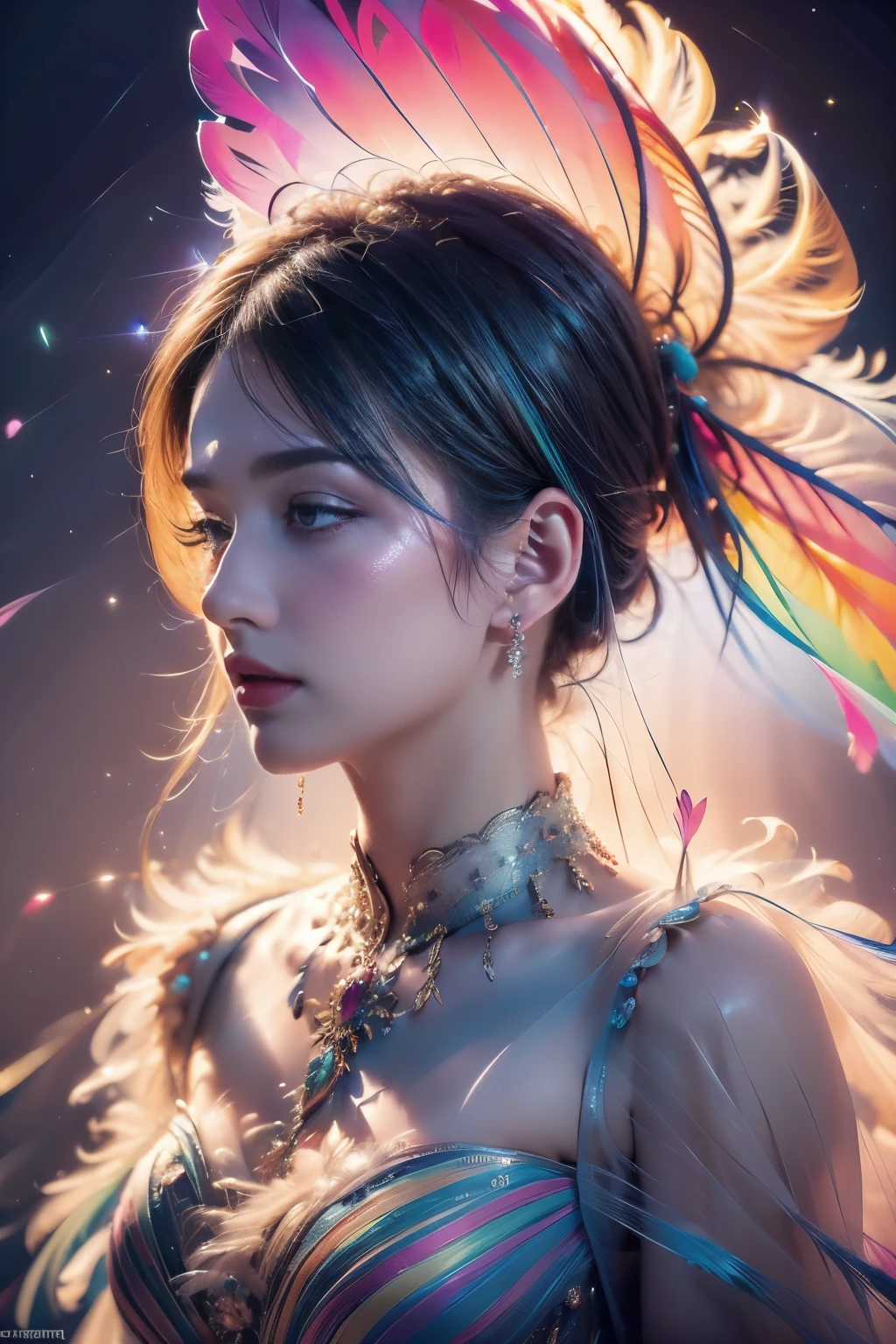 1 sister,(earrings feather:1.2),(tmasterpiece, quality, Best quality, offcial art, Beautiful and beautiful:1.2),very detailed nipples,(s fractal art:1.1),(Colorful:1.1),Feather background,
