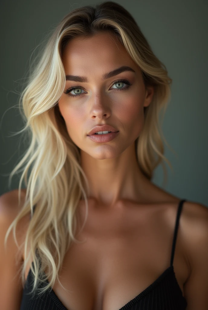 (one-1-person:1.2), beautiful blonde lady, dark make-up, hyperdetailed photograph, smooth light, Portrait of head and shoulders, brazileira, brazil, naturals, fully body, ful dressed, cover