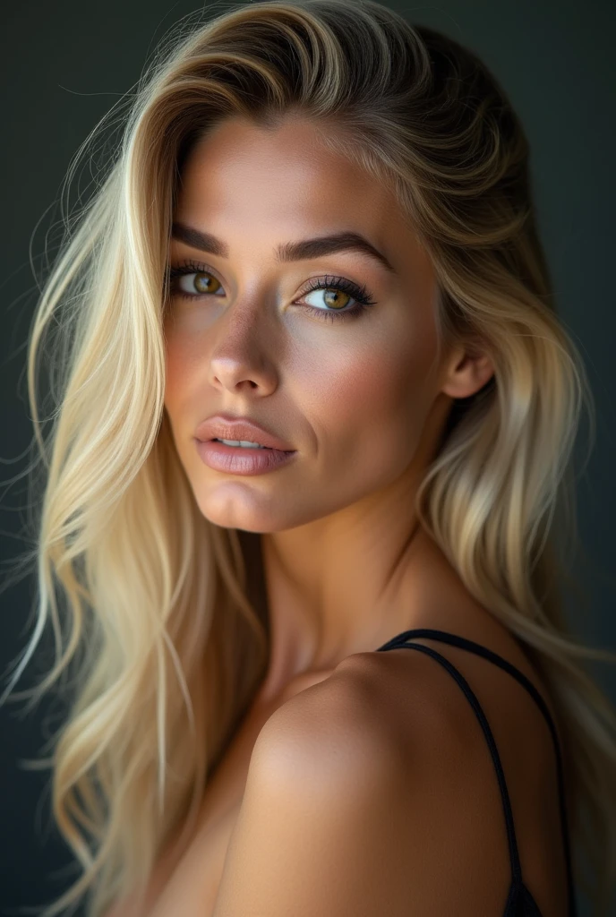 (one-1-person:1.2), beautiful blonde lady, dark make-up, hyperdetailed photograph, smooth light, Portrait of head and shoulders, brazileira, brazil, naturals, fully body, ful dressed, cover