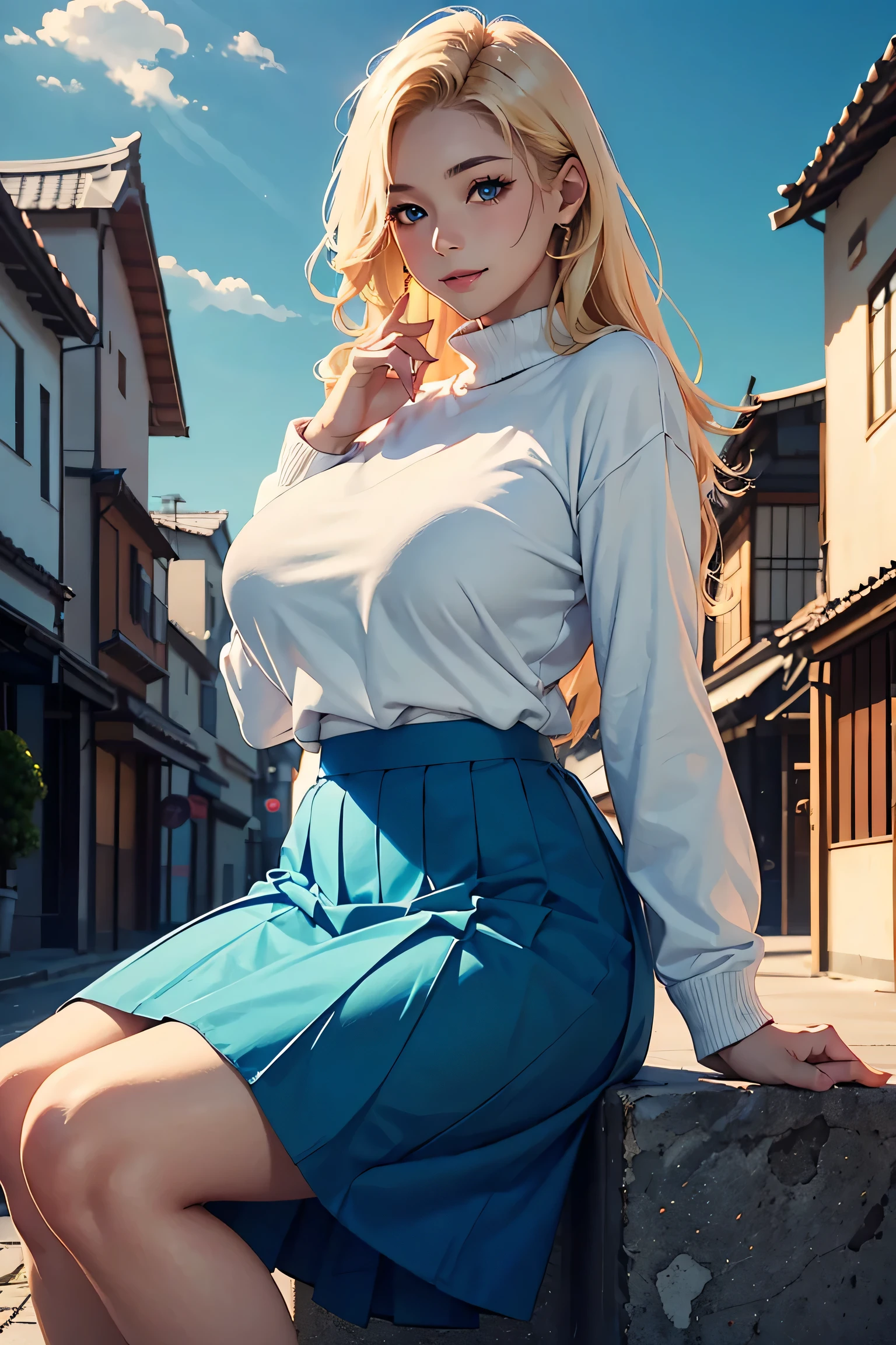 (masterpiece:1.2, Highest quality), (Realistic photos), Beautiful illustrations, (Natural side lighting, Cinema lighting),(1 person), Japanese, 20-year-old female, Perfect Face, Symmetrical cute face, Glowing Skin,Blonde、Straight Long Hair、Dark blue eyes, (Huge breasts:1.1), Slender build、Beautiful Hair, Beautiful Face, Fine and beautiful eyes, Beautiful body, Beautiful breasts,(White pullover、Light blue long skirt、High heels)、smile、Blushing、stand、blue sky、White cloud、Around town