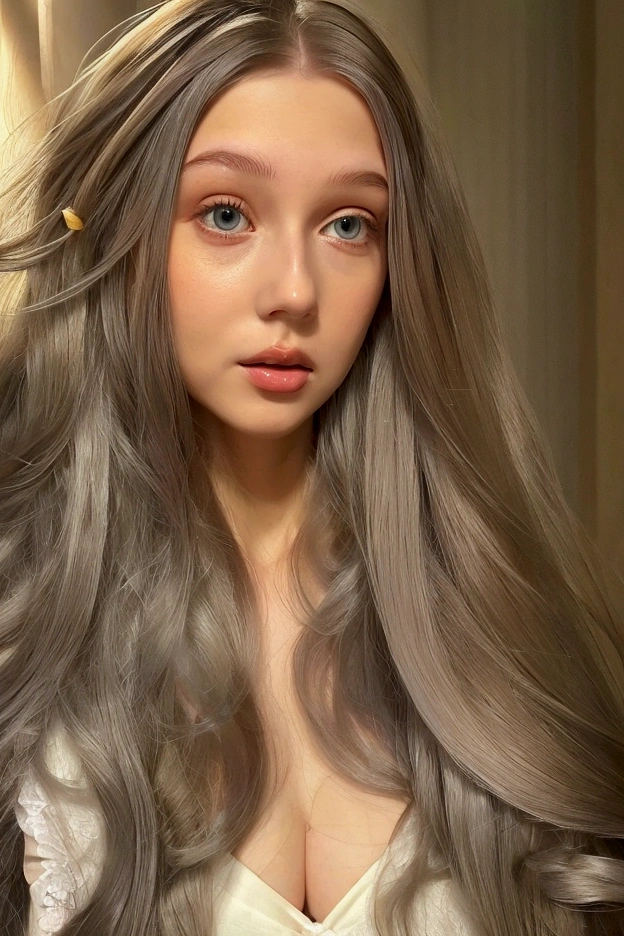 (pretty girl wearing a gray dress), (Long white hair)，(brown-brown eyes), Hyper-resolution, accuracy, Detailed representation, (Subtle facial image, (Thin hair image), (Superior quality), (Masterpieces of masters), (a sense of atmosphere), tmasterpiece，Super detailed, (Half-length portrait