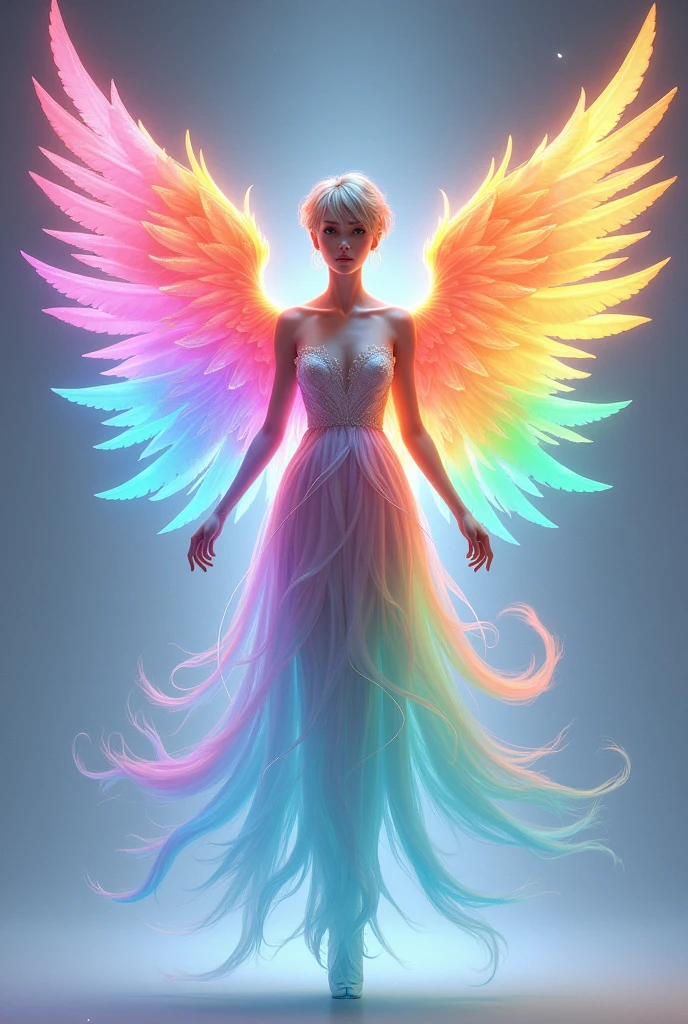 A neat angel with 6 wings of different colors、One person,((((All 6 wings are different colors.))))、 (((ドレス姿1.5))), ((((3 pairs of 6 wings:2.0)))), Beautiful angel, (((The upper wing is warm colored, the middle wing is iridescent, and the lower wing is cool colored.))), (rainbow colop body), 2 tails, Holographic, (The wings are symmetrically paired;1.8), Rainbow gradient

