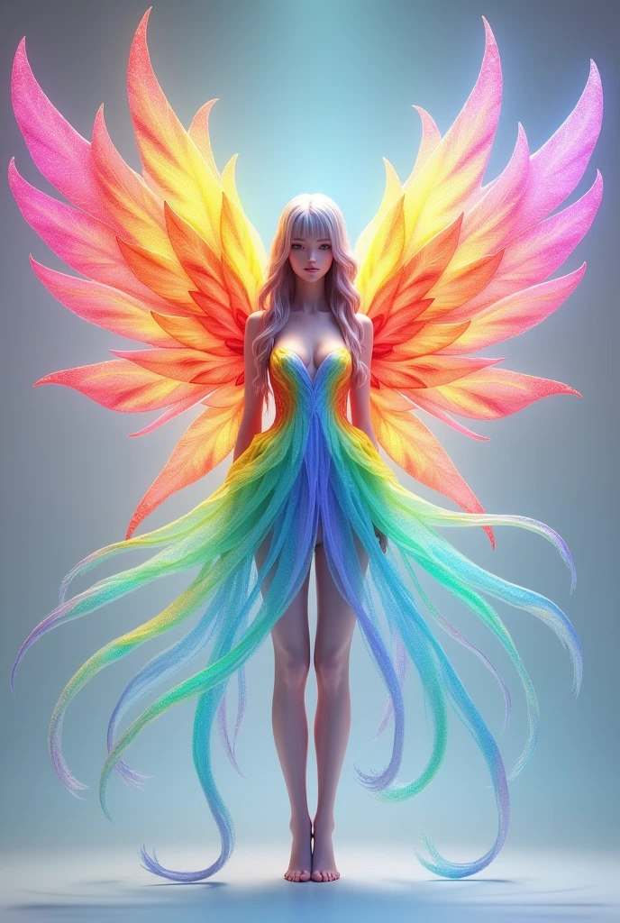 One person,((((All wings are different colors.))))、 (((ドレス姿1.5))), ((((3 pairs of 6 wings:2.0)))), Beautiful angel, (((The upper wing is warm colored, the middle wing is iridescent, and the lower wing is cool colored.))), (rainbow colop body), 2 tails, Holographic, (The wings are symmetrically paired;1.8), Rainbow gradient

