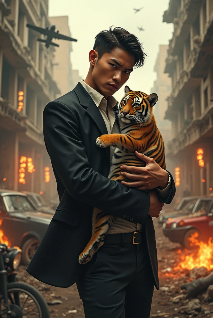 Poster film action,Potret pria muda ras asia 18 tahun memakai baju mafia sedang menggendong wanita muda dan seekor anak macan kecil,di sebuah gedung hancur,api,mobil,motor,pesawat,real best quality