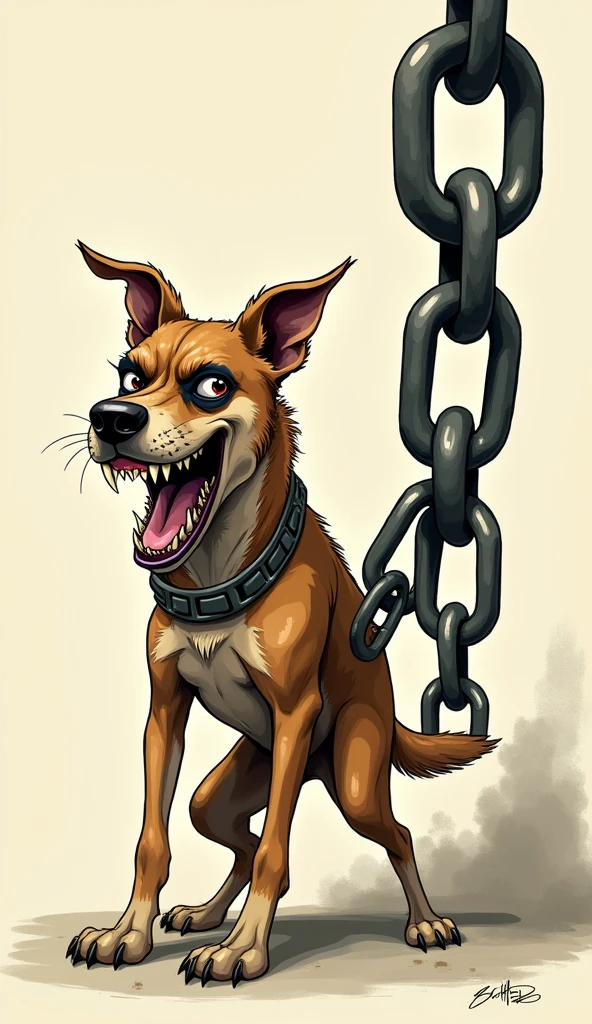 caricature, a small dog attached to a huge chain, a chain bigger than the dog, a small threatening and barking dog, 