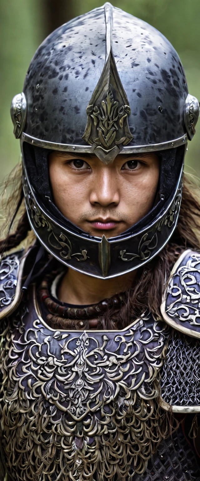 Viking、Helmet、youth、Are thin、Eyes filled with strong will