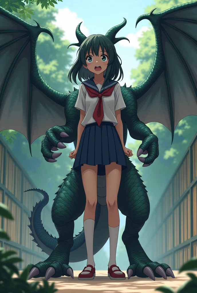 A girl's lower_body is transformed into a dragon(four legs)(scared)(Japanese anime style)(scared and crying)(dragon wings)(dragon angles)(dragon ears)（student costume）(dragon 1:3)