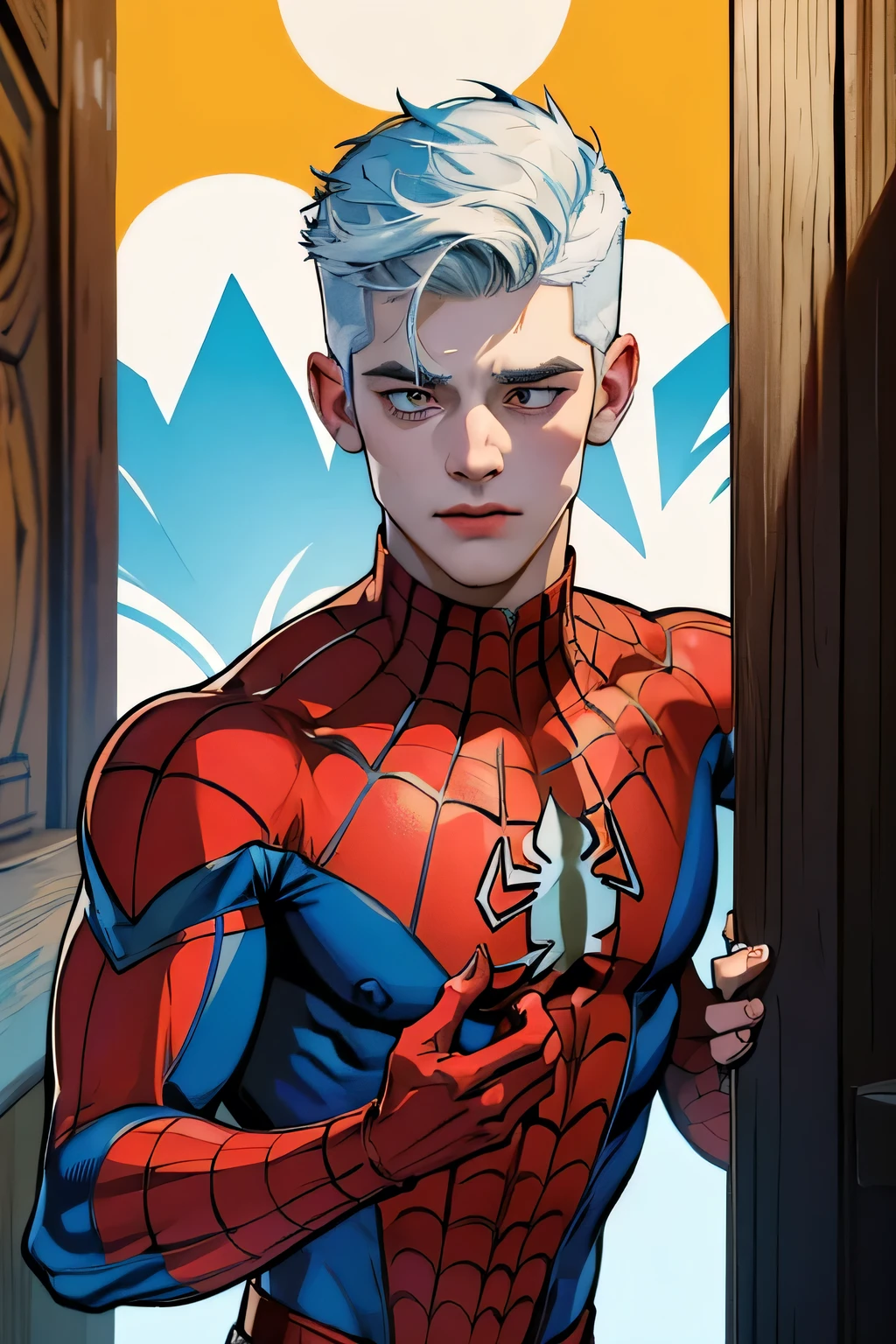 2 boy, twink, handsome, his skin is light tropical Latin, his hair is white with a graduation cut and the sides in high fade, he wears a Spider-Man superhero outfit, he has Marvel Comics stickers on his face, we can see the image of the complete showing him full body.