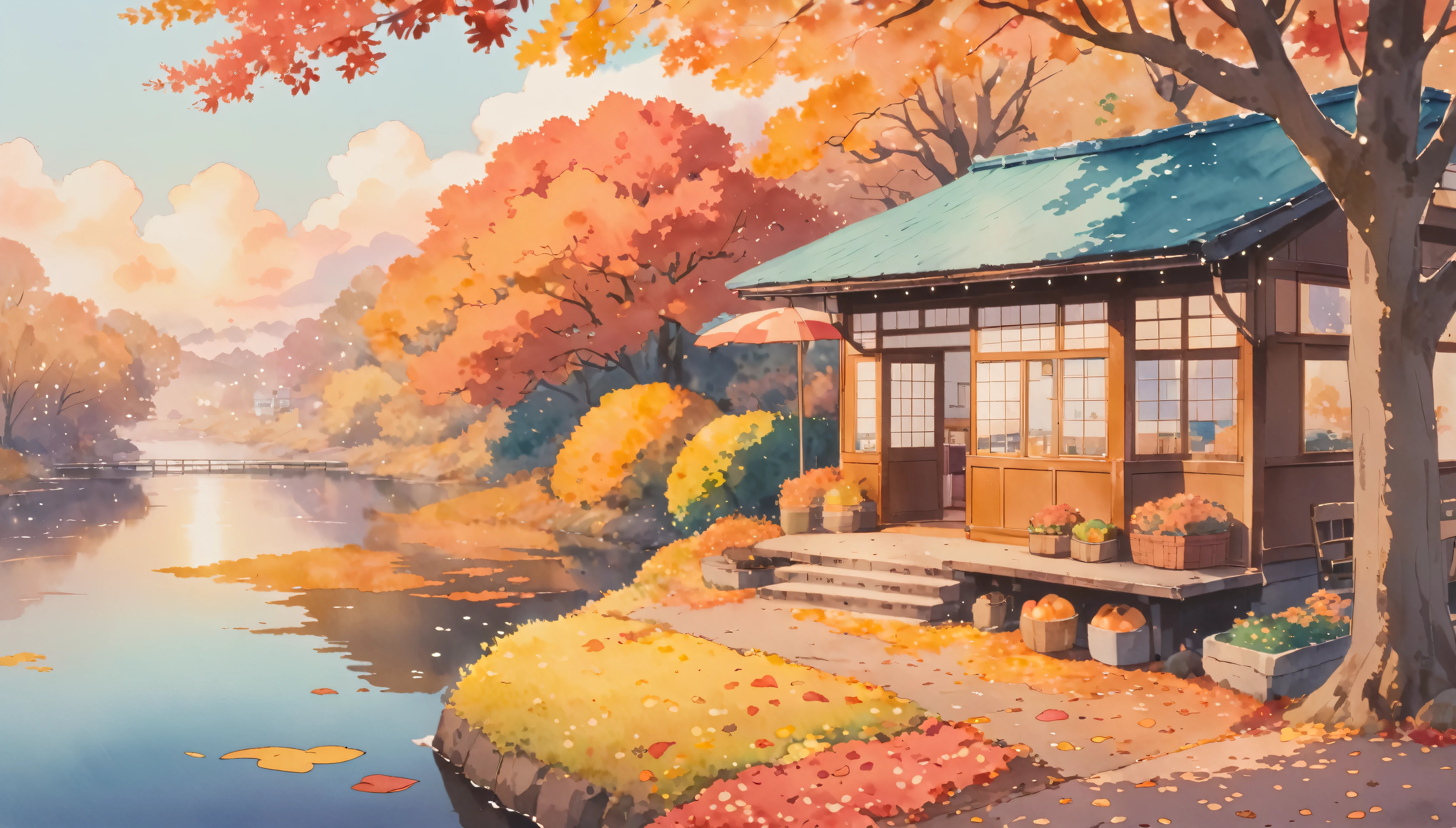 ultrawide Cozy autumn aesthetic fall,Studio ghibli inspired,Watercolor,no people,Lofi,Cute