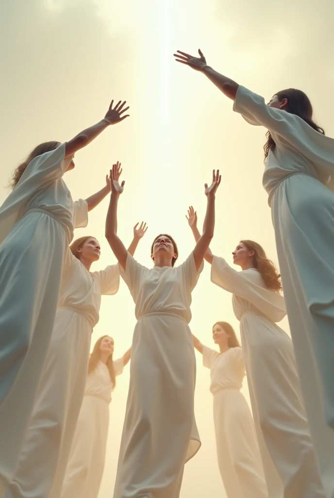 Create men and women dressed in white robes flying upwards with their hands raised towards the sky