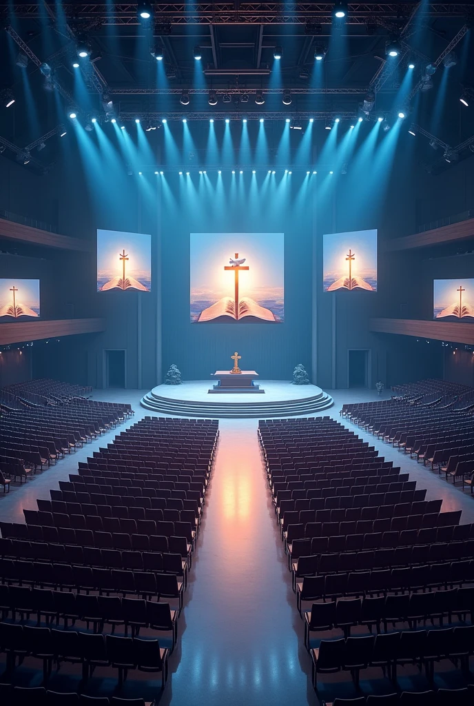 A very huge and wide rectangualar meeting hall, with many rows and Columns of chairs devided with 3 walk ways,blue and white light in the building,ceiling with many spot lights, A wide Huge tectangual stage at a far end, background of the stage "a full screen shoing A light shining out from a bible cross on the top of the bible and a dove on the top of the cross", Tv screen hang down on the middels of ceiling infron of rows