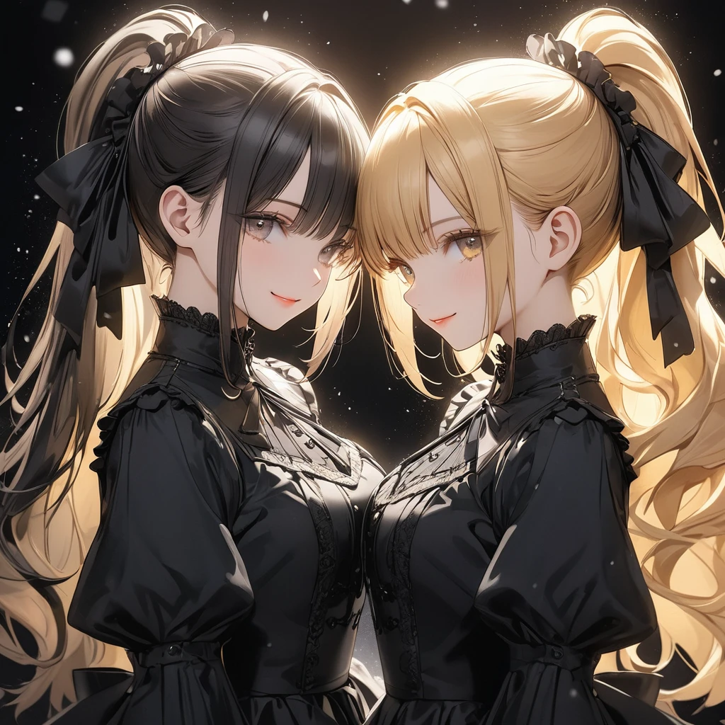 (black theme art),(top-quality),(masterpiece),((arms behind side)),((2 girls)),(bilateral symmetry),Delicately drawn face,girl with a pretty face,(a girl is beautiful detailed gold eyes and beautiful detailed blonde ponytail hair,another girl is beautiful detailed silver eyes and beautiful detailed silver ponytail hair),beautiful detailed black gothic lolita fashions,((black costume)),snow white skin,a beautiful artistic illustration,black theme,beautiful smile,(From the side),(glancing sideways),cowboy shot,lens flare,film lighting,contour glowing,dreamy ambiance,mesmerizing depth,Ultra-detailed digital art,2.5D art,(black background)