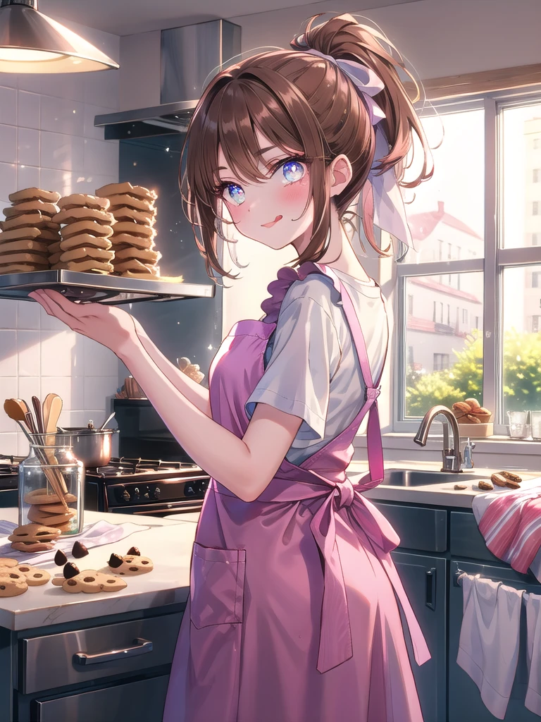 ((8k, Highest quality, masterpiece: 1.3)),Ultra-high resolution,(1 girl, alone), (Color changing eyes, Ultra-detailed, Expressive brilliance, Glitter, Glowing Eyes), Highly detailed eyes, Highly detailed face, Random Hair, ((pastel colour))A young girl with long, straight brown hair tied back in a ponytail is in the kitchen, rolling out dough on a floured countertop. She’s wearing a cute, pastel-colored apron over a white T-shirt and jeans. Her expression is one of pure concentration, her brow furrowed slightly and her tongue poking out just a bit in a playful, focused manner as she works. Occasionally, she glances up at the camera with a proud smile, showing off her progress. The kitchen is warm and inviting, with the aroma of freshly baked cookies filling the air, and the counter is cluttered with baking ingredients and cookie cutters.
