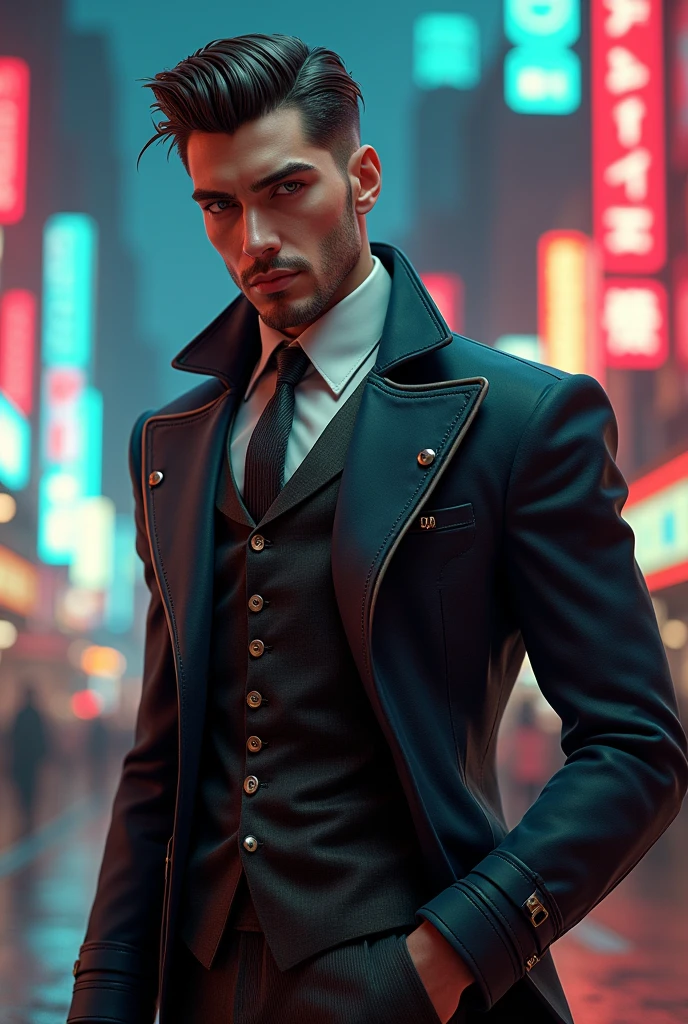 Can you make 3d pose character game survey front and back and the theme is cyber nostalgia debonair male  