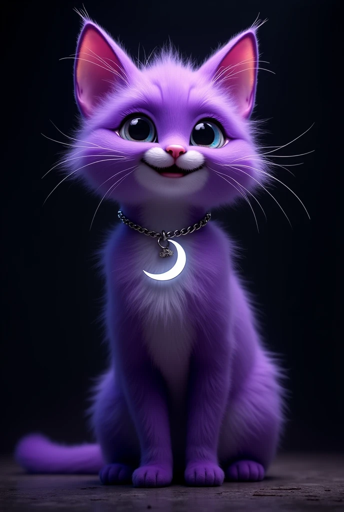 A purple cat standing with a big smile and the moon around its neck. purple fluffy brinquedo cat. the background is black. violet skin, furry character portrait, purple metal ears, foto de cosplay, the background is black.