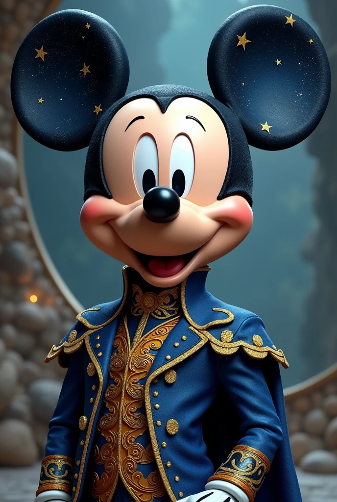 Create an image of Mickey Mouse wearing an elaborate fantasy-themed outfit. His ears should have a night sky design with golden stars and swirling patterns against a dark blue background. Mickey's face should have his classic joyful expression with bright eyes, a round nose, and a wide smile. His outfit should resemble royal appearance, predominantly blue with intricate gold embellishments. The suit should feature rich, heavenly-like patterns, with a high collar and a luxurious cape that drapes behind him. The overall aesthetic should be magical and regal, making Mickey look like a character from a fantastical kingdom