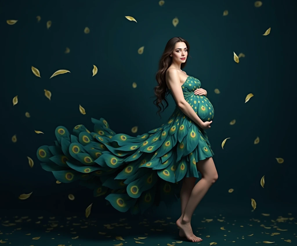 Make a realistic peacock with humanoid features of a pregnant woman, full body shot dress should be look like make peacock feather . hig hress image . green background peackock freather in background