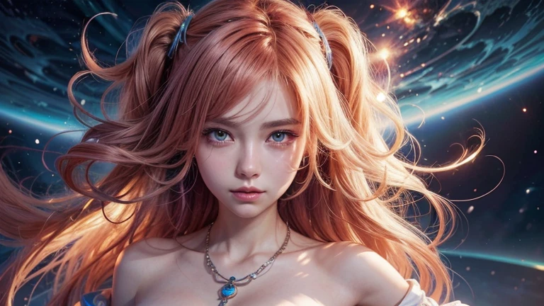 Close-up of a woman with showy hair and necklace, anime girl with cosmic hair, The gentle vitality of Rossdraws, Guvez style artwork, fantasy art style, showy], vibrant fantasy style, Rossdraws cartoon full of vitality., cosmic and showy, guweiz, showy digital fantasy art, Stunning art style, Beautiful anime style, full body lighting, skin glow, sexy expression