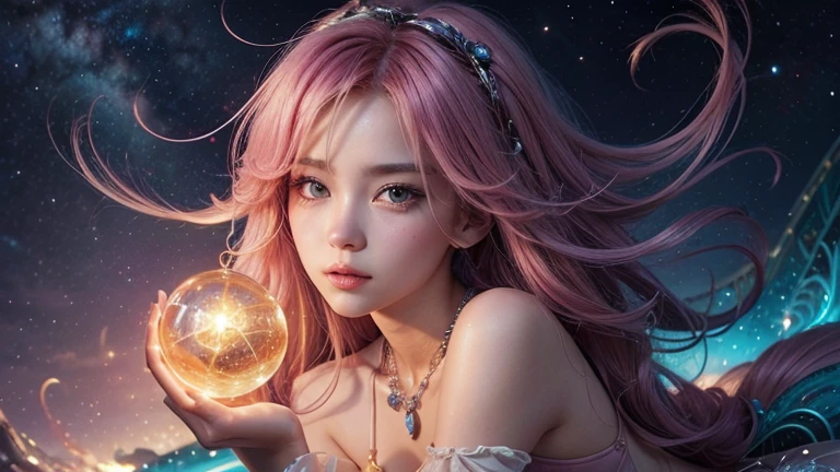 Close-up of a woman with showy hair and necklace, anime girl with cosmic hair, The gentle vitality of Rossdraws, Guvez style artwork, fantasy art style, showy], vibrant fantasy style, Rossdraws cartoon full of vitality., cosmic and showy, guweiz, showy digital fantasy art, Stunning art style, Beautiful anime style, full body lighting, skin glow, sexy expression