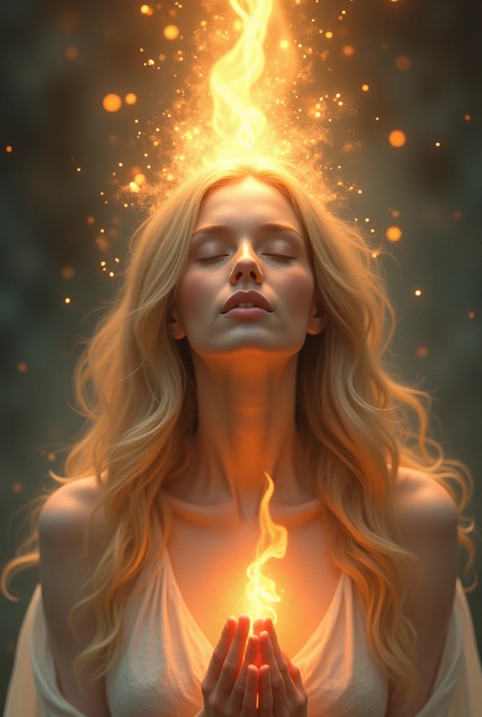 Create Image of Woman from Front Receiving the Spirit of God Inside Her,from his head on top a tongue of fire,Around her a light flame, very soft and delicate