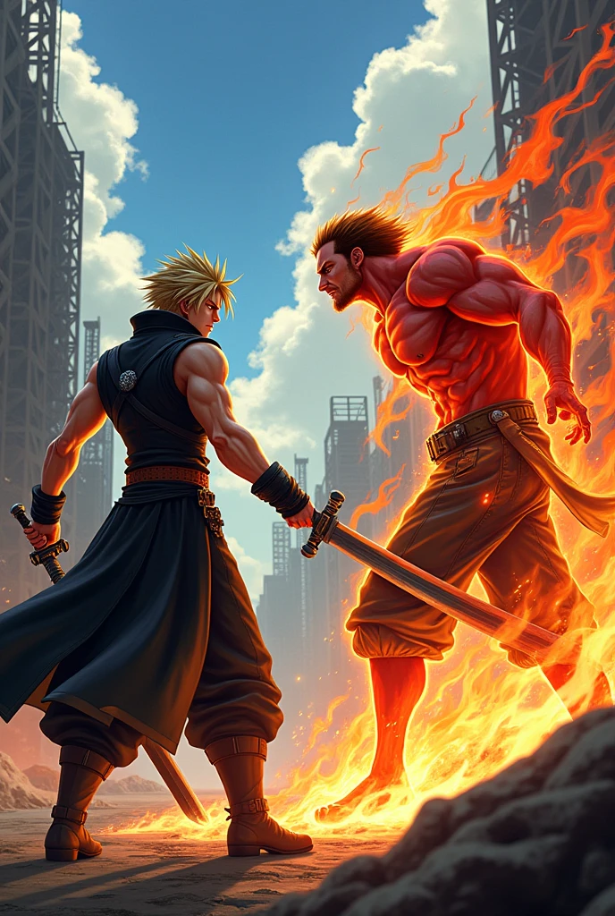 Cloud de final fantasy 7 et ace de one piece s'affrontant. Le dessin doit être fidèle aux personnages