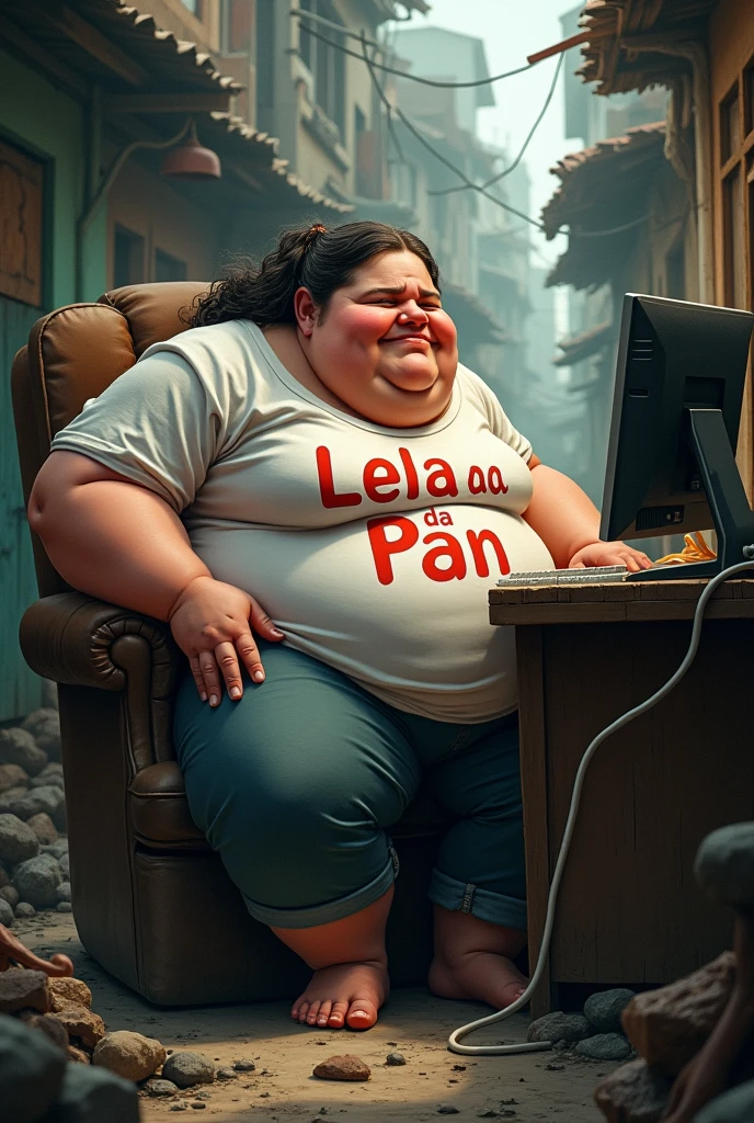 an extremely obese white woman in front of the computer in the favela with a shirt that says lela da pan and laughing
