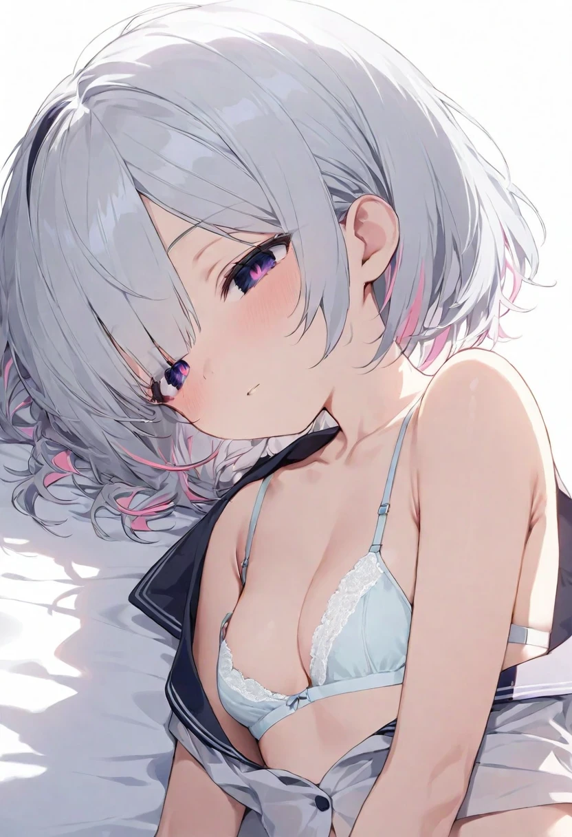 (muste piece), (best quality), (score_9, score_8_up, score_7_up), very detailed eyes, expressive eyes, perfect face, very detailed face, highly detailed face, beautiful girl, 8K, beautiful girl, (white background:1.3), delicate and beautiful face and eyes, dark intense shadow, 1 girl, solo, vtuber style, cool girl, hololive, vtuber, amane kanata, multicolored hair, grey hair, short hair, purple eyes, messy hair, see-through:serafuku, unbuttoned shirt, bra, pleated skirt, half-dressed skirt, underpants, cameltoe, small breast, soft breast, cleavage, clavicle, half-closed eyes, sleeping, breathing, (full body), sleeping face, lying on bed, arm on forehead, pov crotch,