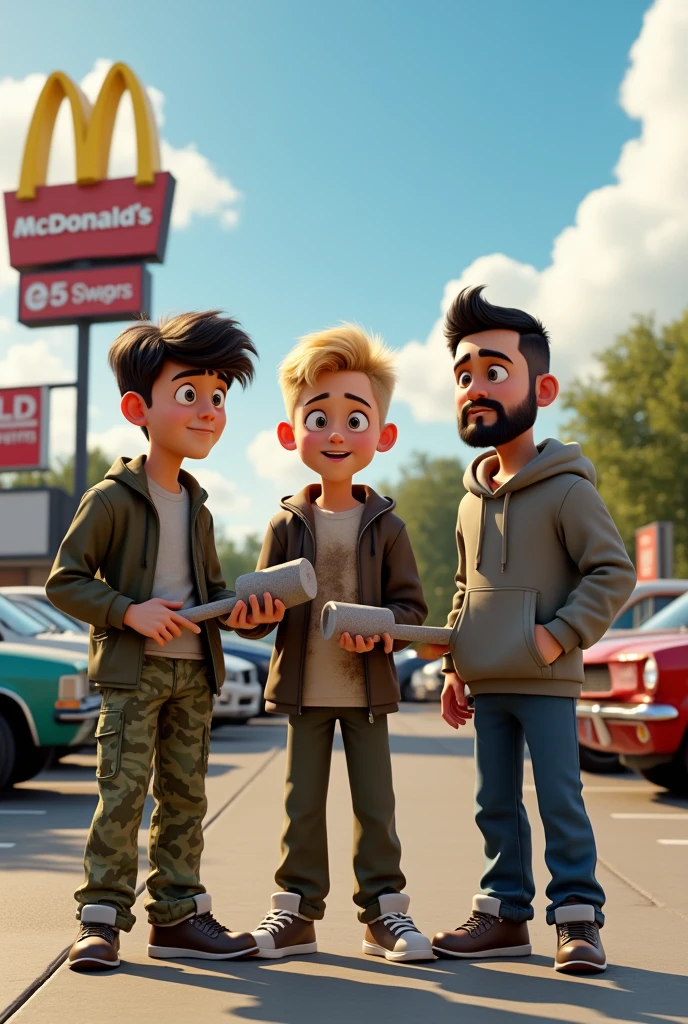 Im Stil von Pixar 3D-Animation filmen (Caricature). Three young men stand in the parking lot of a Mc Donalds. All three have a small club in their hand.
The first man is slightly taller than the others and wears camouflage clothing.
The second is slightly smaller, has short blonde hair and a crazy look, he is wearing a dirty undershirt.
The third man has short black hair and a narrow black beard, he wears a hoodie.