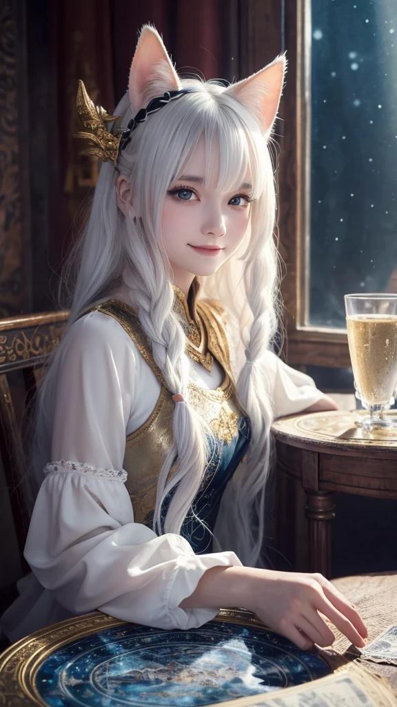 
(masterpiece, highest quality, highest quality, official art, beautiful and aesthetic: 1.2), (one girl: 1.3), wavy long hair, white hair, Cat ears on the head,highly detailed portrait, highly detailed hands, looking at the viewer, alone, (whole body: 0.6), detailed background, close, shining eyes, (cold arctic winter theme: 1.1), fortune teller, Charlatan, grin, Mysterious, sitting at the table, カラフルな肩のないゆるいジプシーfortune tellerの服, holy grail, tarot cards, Crystal jade, Medieval (inner tent: 1.1) background, tent curtain on background, dark Mysterious lighting, Shadow, magical atmosphere, starry night, dutch angle, healing and guidance, transcendental beauty, fractal art, Seaweed,