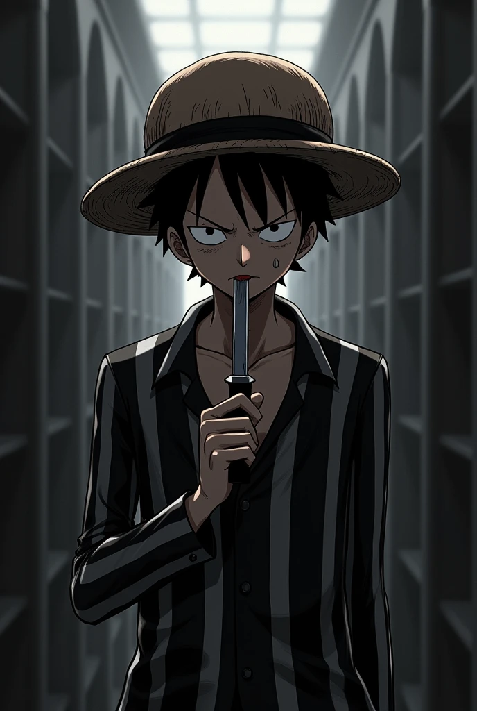 Monkey D. Luffy in black and white striped long sleeve prison uniform with black and white striped prison hat licking a knife  Original anime One Piece