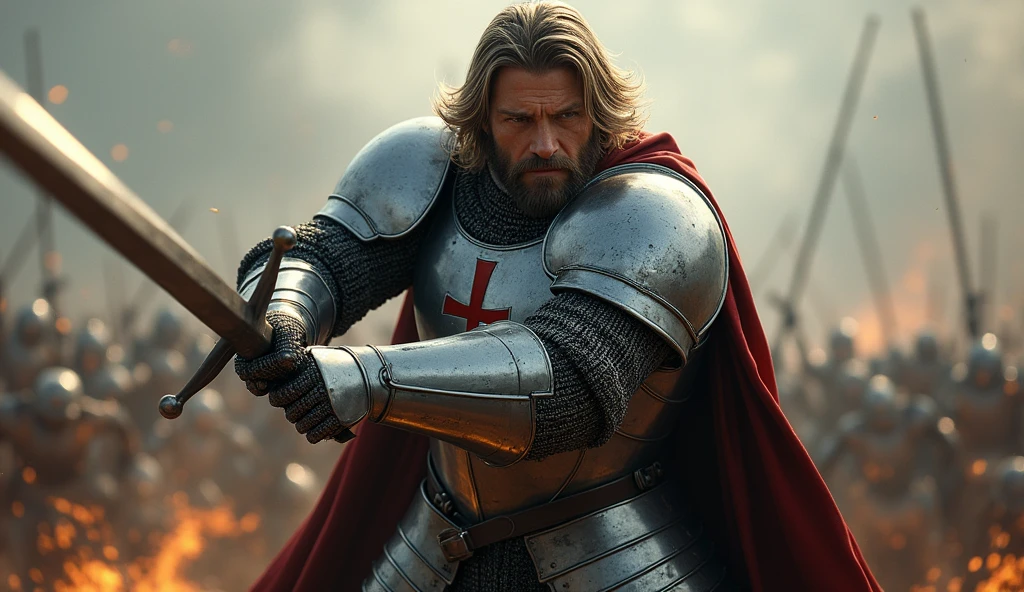 (medium length hair:1.3), (well-groomed beard:1.3), intense gaze, muscular, (knight in a steel armor with a cross emblem:1.3), standing in a battlefield, about to swing his sword downward, dynamic pose, (focus on the protagonist:1.5), high contrast, epic lighting, (detailed face and body:1.3), cinematic, realistic