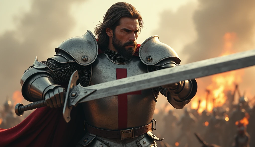 (medium length hair:1.3), (well-groomed beard:1.3), intense gaze, muscular, (knight in a steel armor with a cross emblem:1.3), standing in a battlefield, about to swing his sword downward, dynamic pose, (focus on the protagonist:1.5), high contrast, epic lighting, (detailed face and body:1.3), cinematic, realistic
