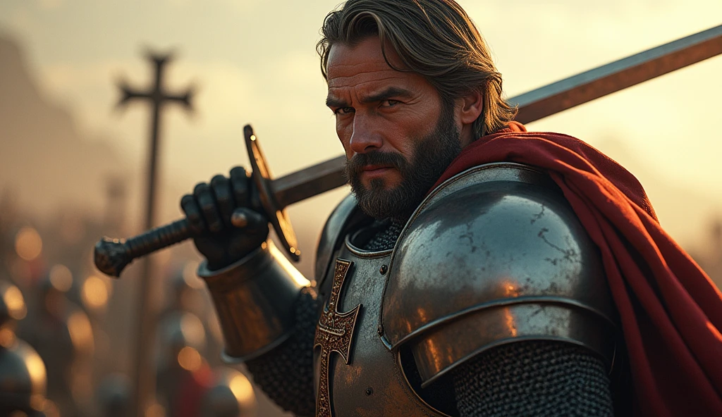 (medium length hair:1.3), (well-groomed beard:1.3), intense gaze, muscular, (knight in a steel armor with a cross emblem:1.3), standing in a battlefield, about to swing his sword downward, dynamic pose, (focus on the protagonist:1.5), high contrast, epic lighting, (detailed face and body:1.3), cinematic, realistic