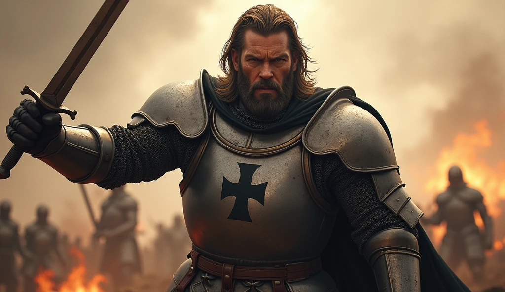 (medium length hair:1.3), (well-groomed beard:1.3), intense gaze, muscular, (knight in a steel armor with a cross emblem:1.3), standing in a battlefield, about to swing his sword downward, dynamic pose, (focus on the protagonist:1.5), high contrast, epic lighting, (detailed face and body:1.3), cinematic, realistic