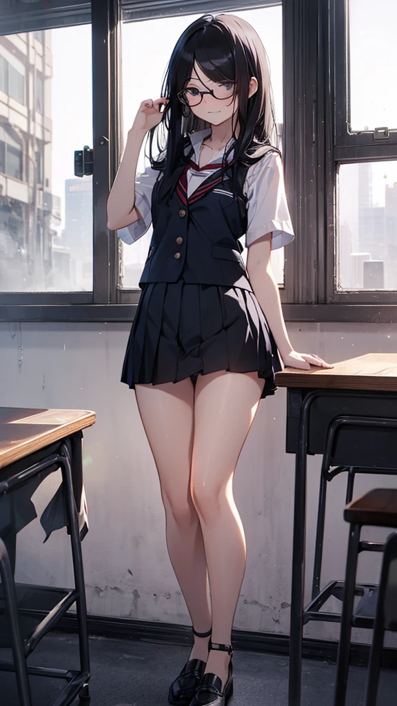 summer、empty classroom、thick、Sweat、、high school girl、Low length、(((((Eyes hidden by long bangs)))))、(((Long black hair:1.2 hair band)))(((Black-rimmed glasses:1.2 black eye)))、Backlight、evening、Nostalgic atmosphere、Look at this、High position、Full Body Shot、glamorous、Checked mini skirt、Navy knit vest、loafers、Skirt flip、Showing sexy panties、(Flip up your skirt with both hands)、avert your eyes、Plump thighs、Thin pubic hair、(((Front view))), Beautiful details, 16K, Absurd, masterpiece, Very detailed, beautiful girl,