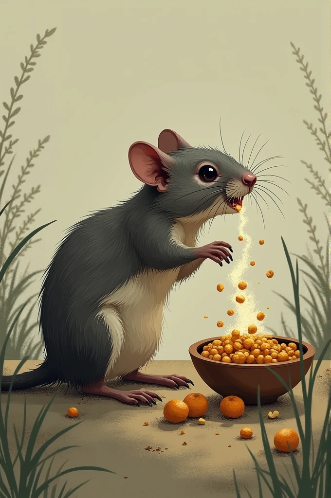 A rodent is eating food contaminated with Toxoplasma gondii oocysts. small particles (representing the oocysts) are invisible to the naked eye, but visible to the reader, entering the rodent&#39;s body.
- **texto**: "Little does he know that something invisible to the naked eye has just entered his body.... a silent invader."