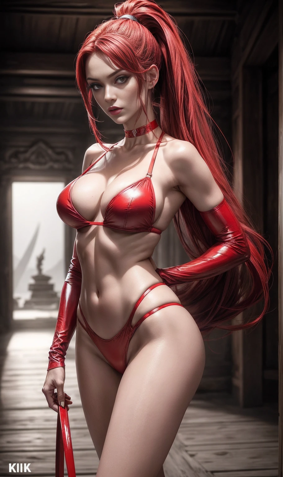 A woman in a red latex outfit holding a knife, ((struggling pose)) ((sexly, Tall and very beautiful Scarlet from the Mortal Kombat video game series)) ((Dark shadows make up)) ((big bright white eyes)) (()) ((seducer)) ((very long straight red hair with ponytail)) ((breasts big:1.5)) RED SWIM SUITS LONG GLOVES, knee high long boots)) ((kunai)) ((choker)) (()) ((abandoned temple)) ((Pale light)) ((High definition:1.5)) ((work of art:1.5)) ((8k:1.5)) ((best qualityer:1.4)), mer_detaileds:-1, mer_detaileds:0, mer_detaileds:0.5, mer_detaileds:1, mer_detaileds:1.5, red bra, RED SUITSWIM, standing, STANDING UP, red lengerie, RED THONG LINGERIE, standing, CLEAVAGE SUITSWIM, VERY LOW-CUT SWIMSUIT, MAY OF THREADS
