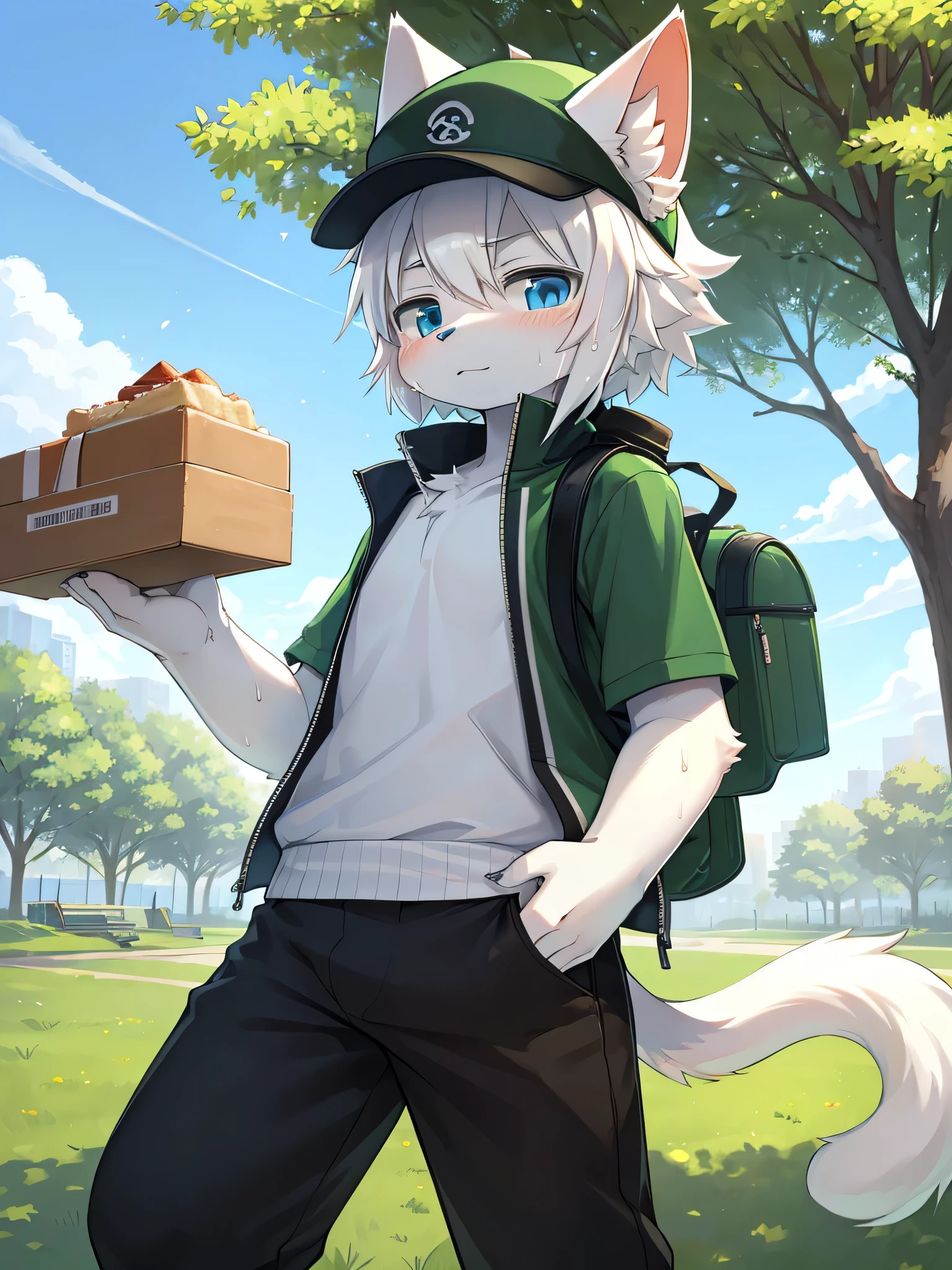 Masterpiece, high details, solo, chinese art style, (kemono, solo, cat, teens, male, white hair, blue eyes, white fur color, wear green with white line jacket, wear black pants, wear green cap, tail, green backpack, food backpack, in food delivery), no smile, serious, sweating, do not look at viewers, walking, nervous, (in park, park, tree in park, day time, medium fov) soft light, soft glow, negetivr fliming, smooth lightning