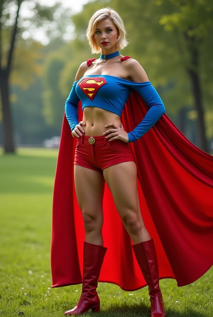 A SEXY LARGE BREASTED  FEMALE, SHORT BLONDE HAIR, BLUE EYES, WEARING A 1970 BLUE BUTTONLESS, COLLARLESS OPEN SUPERGIRL BLOUSE WITH THE "S"EMBLEM ON THE RIGHT SIDE OF HER CHEST SEEMLESSLY ATTACHED TO PAIR OF RED SHORTS WITH A YELLOW SUPERGIRL BELT, TALL RED HEELED BOOTS, A BLUE CHOKER, AND A LONG FLOWING RED CAPE. .INCREDIBLEY DETAILED AND TEXTURED IN FULL 8K HD RESOLUTION. PARK BACKGROUND.