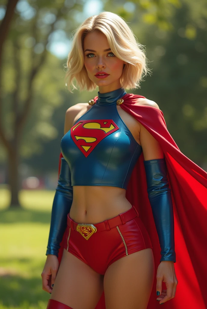 A SEXY LARGE BREASTED FEMALE, SHORT BLONDE HAIR, BLUE EYES, WEARING A 1970 BLUE BUTTONLESS, COLLARLESS OPEN SUPERGIRL BLOUSE WITH THE "S"EMBLEM ON THE RIGHT SIDE OF HER CHEST SEEMLESSLY ATTACHED TO PAIR OF RED SHORTS WITH A YELLOW SUPERGIRL BELT, TALL RED HEELED BOOTS, A BLUE CHOKER, AND A LONG FLOWING RED CAPE. .INCREDIBLEY DETAILED AND TEXTURED IN FULL 8K HD RESOLUTION. PARK BACKGROUND.